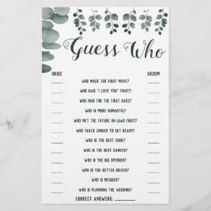 Prospectus 14 Cm X 21,6 Cm Devinez Qui Verdure Eucalyptus Douche Carte De Jeu