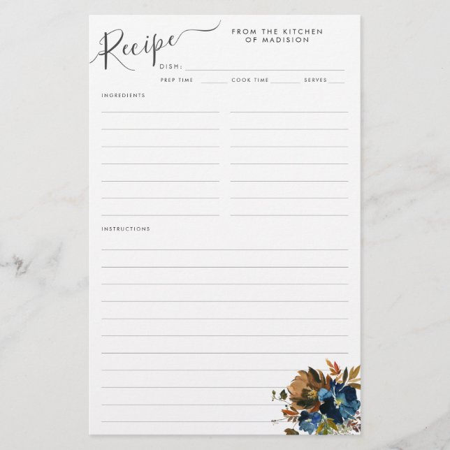 Prospectus 14 Cm X 21,6 Cm Feuille de recette Budget Floral Navy Blue Terraco (Devant)