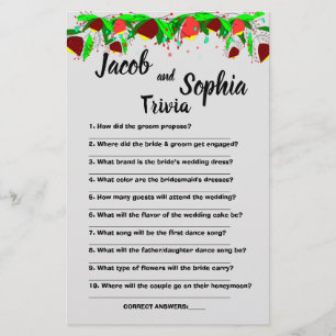 PROSPECTUS 14 CM X 21,6 CM FLEURS, BRIDE & GROOM TRIVIA DOUCHE CARTE DE JEU V