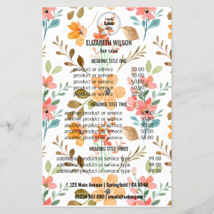 Prospectus 14 Cm X 21,6 Cm Flore Salon de cheveux Liste des prix Circulaire -