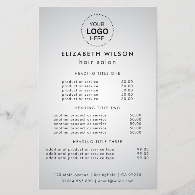 Prospectus 14 Cm X 21,6 Cm Flyer de menu de services de salon élégant et blan (Devant)