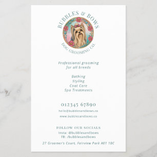 Prospectus 14 Cm X 21,6 Cm Flyer de salon de toilettage Logo Yorkshire Terrie