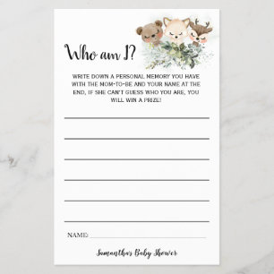 Prospectus 14 Cm X 21,6 Cm Forest Animaux Who am I Baby shower Game Card