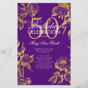 Prospectus 14 Cm X 21,6 Cm Glam Floral 50th Birthday Program Gold Purple Menu