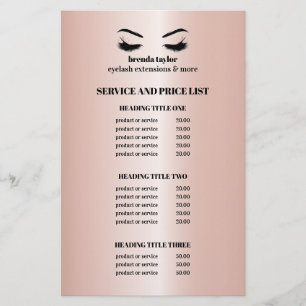 Prospectus 14 Cm X 21,6 Cm Glamorous rose Gold EYELASH SALON SERVICE LIST