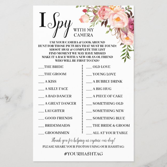 Prospectus 14 Cm X 21,6 Cm I Spy Mariage Réception Fleurs roses Carte de jeu (Devant)
