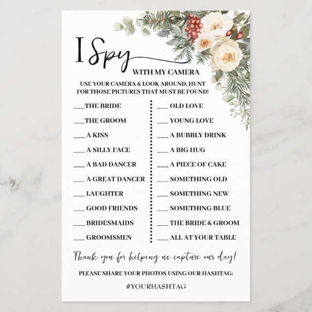 Prospectus 14 Cm X 21,6 Cm I Spy Winter Floral Wedding Reception Game Card (Devant)