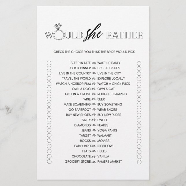 Prospectus 14 Cm X 21,6 Cm Jeu de baby shower minimaliste 'Would she rather' (Devant)