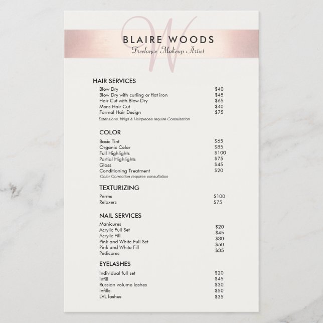 Prospectus 14 Cm X 21,6 Cm Liste de prix de monogramme moderne simple or rose (Devant)