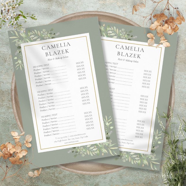 Prospectus 14 Cm X 21,6 Cm Liste de prix du menu de service recto-verso Folia (Foliage Sage Green 2 Sided Service Menu Price List Flyer)