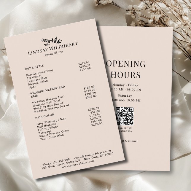 Prospectus 14 Cm X 21,6 Cm Liste de prix QR Code Salon Botanique Beige Minima (Minimal Beige Botanical Salon QR Code Price List Flyer)