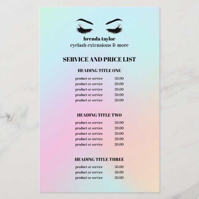 Prospectus 14 Cm X 21,6 Cm LISTE DE SERVICE Holographique moderne EYELASH SAL (Devant)