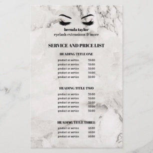 Prospectus 14 Cm X 21,6 Cm Liste de services de salon de cils en marbre blanc