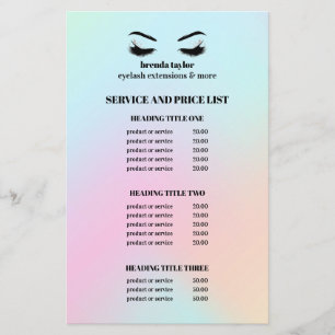 PROSPECTUS 14 CM X 21,6 CM LISTE DE SERVICES DE SALON DE CILS HOLOGRAPHIQUES