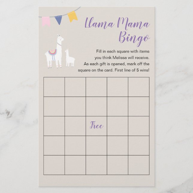 Prospectus 14 Cm X 21,6 Cm Llama Mama Baby shower Mat Bingo Jeu (Devant)