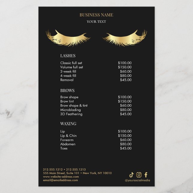 Prospectus 14 Cm X 21,6 Cm Luxury Black and Gold Salon Price List Menu (Devant)
