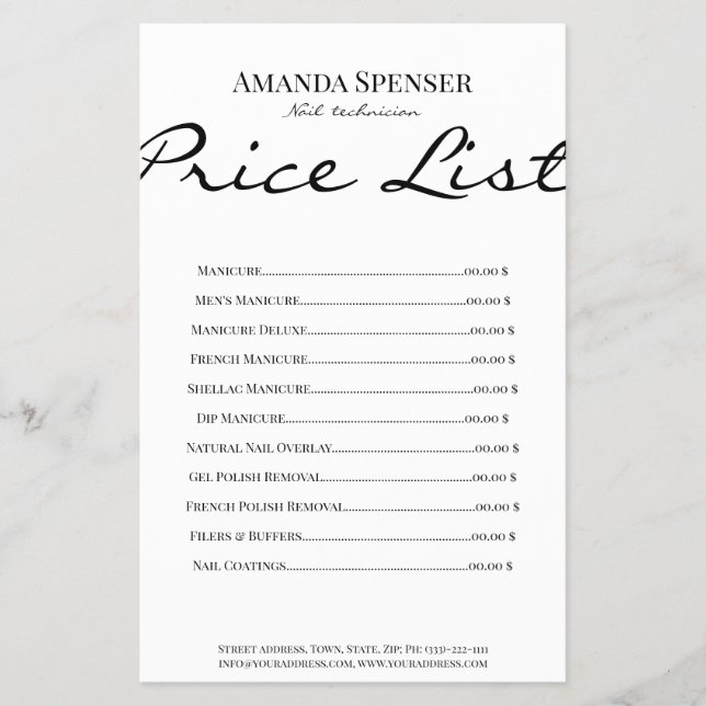 Prospectus 14 Cm X 21,6 Cm Manucure Clou Salon Prix Liste Simple Flyer Blanc (Devant)