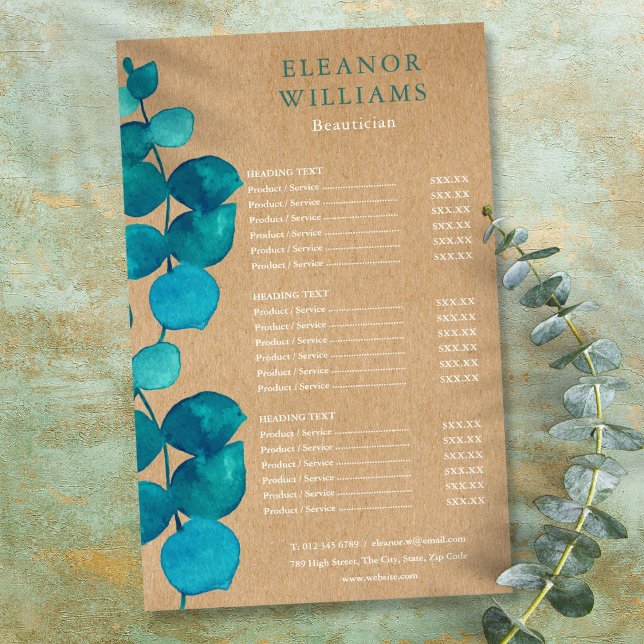 Prospectus 14 Cm X 21,6 Cm Menu de services du salon rustique à l'eucalyptus (Eucalyptus Rustic Salon Service Menu Flyer)