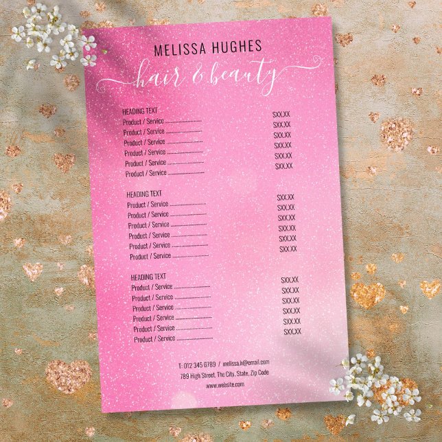 Prospectus 14 Cm X 21,6 Cm Menu Service Salon Shimmer Parties scintillant ros (Pink Glitter Shimmer Salon Service Menu Flyer)