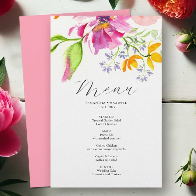 Prospectus 14 Cm X 21,6 Cm Menus de mariage économiques Fleurs aquarelles ros (Wedding menu watercolor pink and orange flowers by Victoria Grigaliunas of Do Tell A Belle)