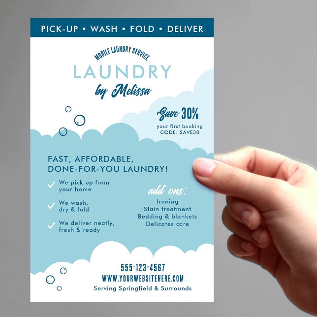 Prospectus 14 Cm X 21,6 Cm Modern Mobile Laundry Service Laundromat Marketing (Trendy laundry service marketing flyer in blue and white with fully editable text & QR code)