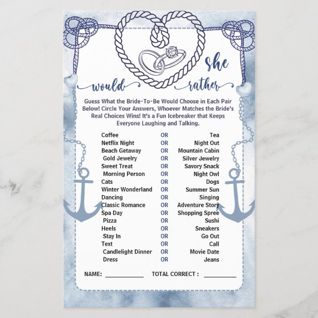Prospectus 14 Cm X 21,6 Cm Nautical Would She Rather Game Bridal Shower card (Devant)