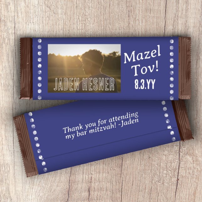 Prospectus 14 Cm X 21,6 Cm Navire Blue & White Bar Mitzvah Candy Bar Wrapper (navy blue bar mitzvah personalized photo chocolate candy bar wrapper, custom party favor label)
