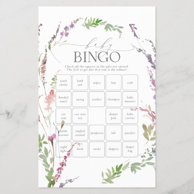Prospectus 14 Cm X 21,6 Cm Pastel Fleur sauvage Baby shower Bingo Jeu Flyer (Devant)