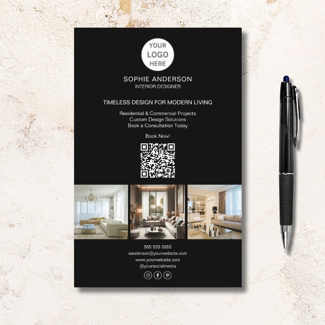 Prospectus 14 Cm X 21,6 Cm Photo de logo moderne QR Black Business (Modern Logo Photo QR Black Professional Business Flyer)
