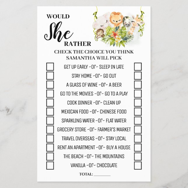 Prospectus 14 Cm X 21,6 Cm Plairait-Elle Jungle Baby shower Game Card (Devant)