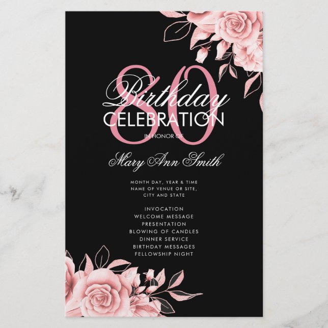Prospectus 14 Cm X 21,6 Cm Programme de 80e anniversaire floral Menu Rose Gol (Devant)