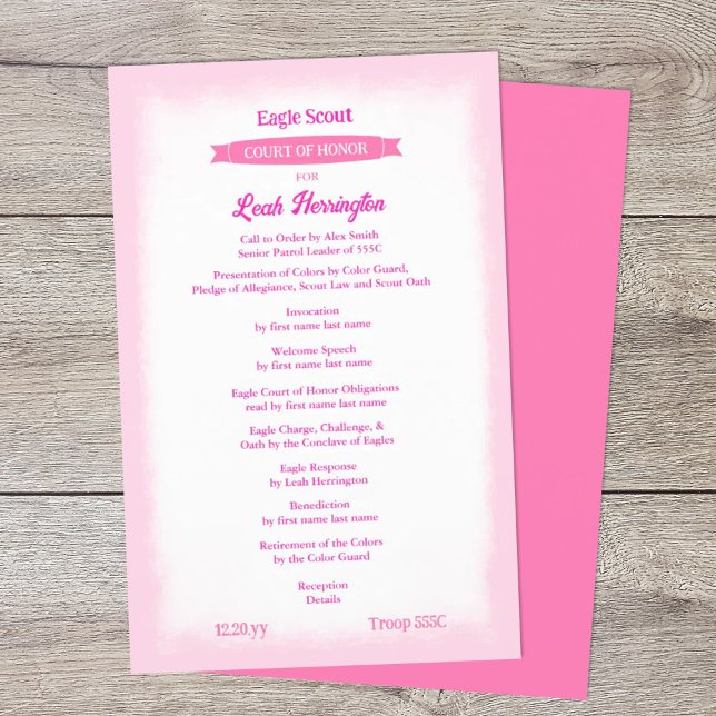 Prospectus 14 Cm X 21,6 Cm Programme de cérémonie de la Cour d'honneur de l'A (pink eagle scout court of honor ceremony program)