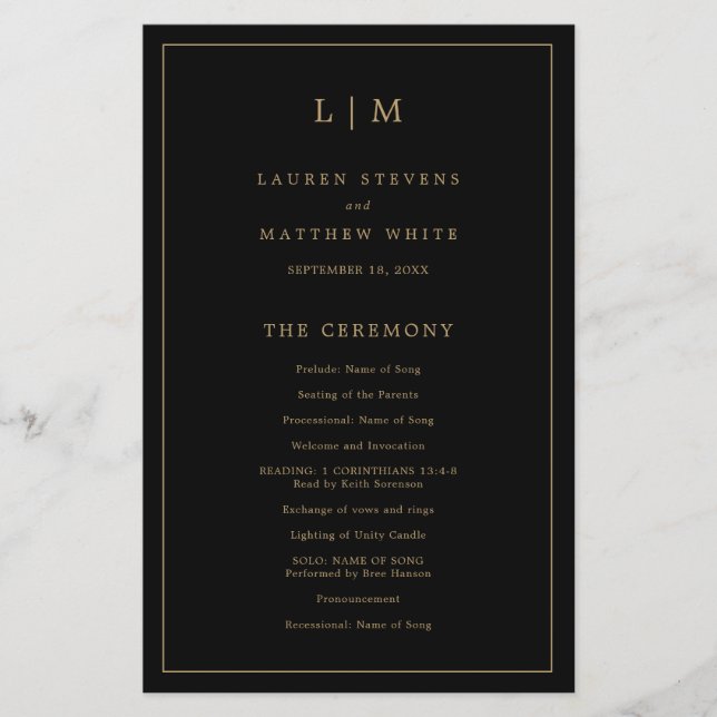 Prospectus 14 Cm X 21,6 Cm Programme de mariage simple monogramme noir or à p (Devant)