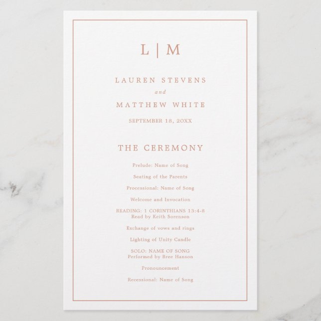 Prospectus 14 Cm X 21,6 Cm Programme de mariage simple monogramme or rose à p (Devant)