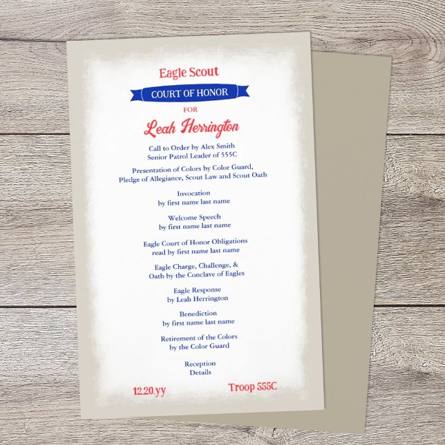 Prospectus 14 Cm X 21,6 Cm Red, White, Blue Court of Honor Program (patriotic red white blue beige eagle scout court of honor ceremony program)