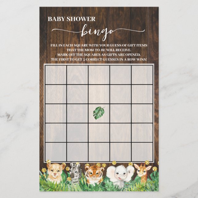 Prospectus 14 Cm X 21,6 Cm Rustic Safari Animaux Baby shower Bingo Carte de j (Devant)