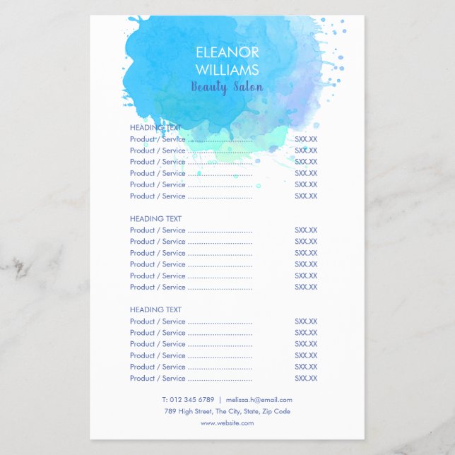 Prospectus 14 Cm X 21,6 Cm Salon d'aquarelle bleu Menu Service (Devant)