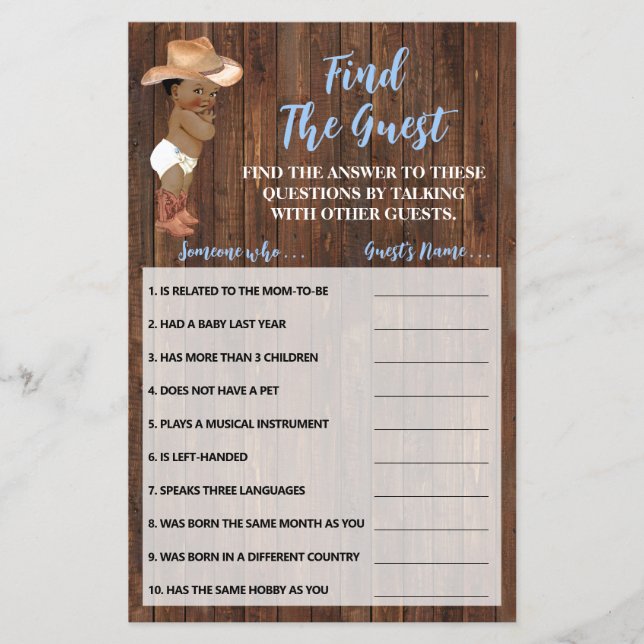 Prospectus 14 Cm X 21,6 Cm Trouvez la carte de jeu Baby shower Guest AA Cowbo (Devant)