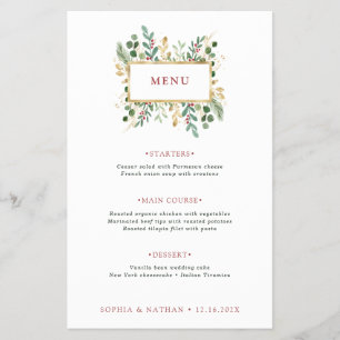 Prospectus 14 Cm X 21,6 Cm Vert doré sur blanc Menu Mariage de Noël