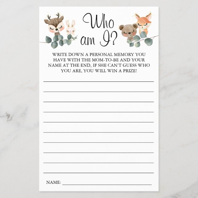Prospectus 14 Cm X 21,6 Cm Woodland Who am I Baby shower game card (Devant)