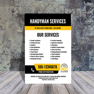 Prospectus 21,6 Cm X 24,94 Cm 24h/24, 7j/7 Handyman & Plumbing Services JAUNE NO