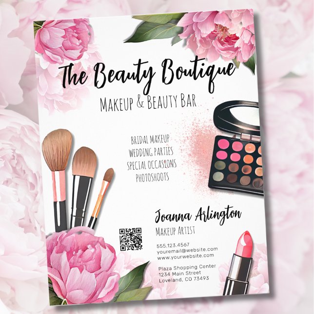 Prospectus 21,6 Cm X 24,94 Cm Artiste de maquillage en aquarelle rose (Pink Floral Watercolor Makeup Artist Flyer)