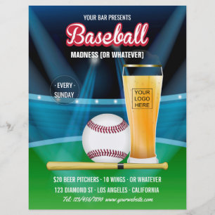 Prospectus 21,6 Cm X 24,94 Cm Bar Baseball Event Promo Menu ajouter photo et log