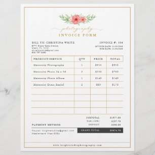 Prospectus 21,6 Cm X 24,94 Cm Boho Floral Photographie Formulaire de facture pro