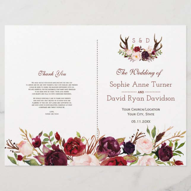 Prospectus 21,6 Cm X 24,94 Cm Burgundy Blush Floral Antlers Programme de mariage (Devant)