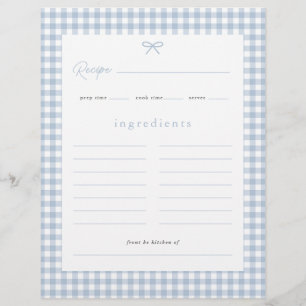 Prospectus 21,6 Cm X 24,94 Cm Carte de recette de Baby Shower en Gingham Bleu Po