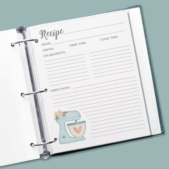 Prospectus 21,6 Cm X 24,94 Cm Carte de recette simple mélange floral pâtisserie  (Pretty blue mixer recipe pages for your cookbook.binder.)