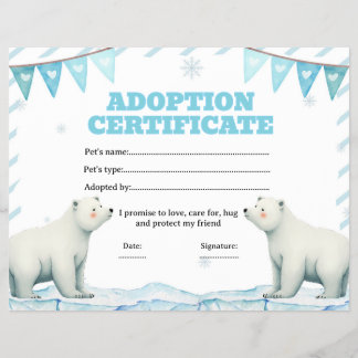 Prospectus 21,6 Cm X 24,94 Cm Certificat d'adoption d'animal polaire modifiable