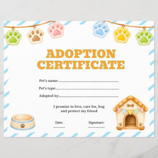 Prospectus 21,6 Cm X 24,94 Cm Certificat d'adoption d'un animal éditable