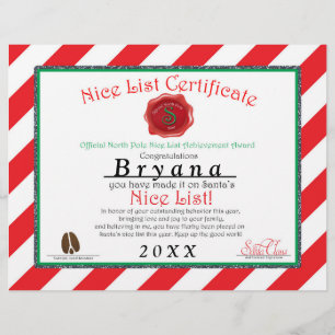 Prospectus 21,6 Cm X 24,94 Cm Certificat de LISTE SYMPA du Père Noël personnalis